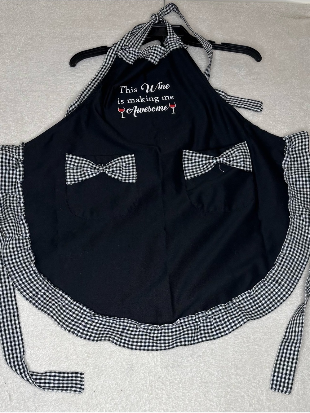 Women's Black Apron with Gingham Trim and Wine Quote
